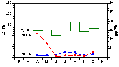 Totalfosfor-, ammonium-, och nitratkvvehalter i epilimnion (mnadsmedel, 9m, 1989-93)