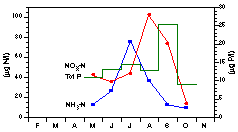 Totalfosfor-, ammonium-, och nitratkvvehalter i bottenvatten (mnadsmedel, 9m, 1989-93)